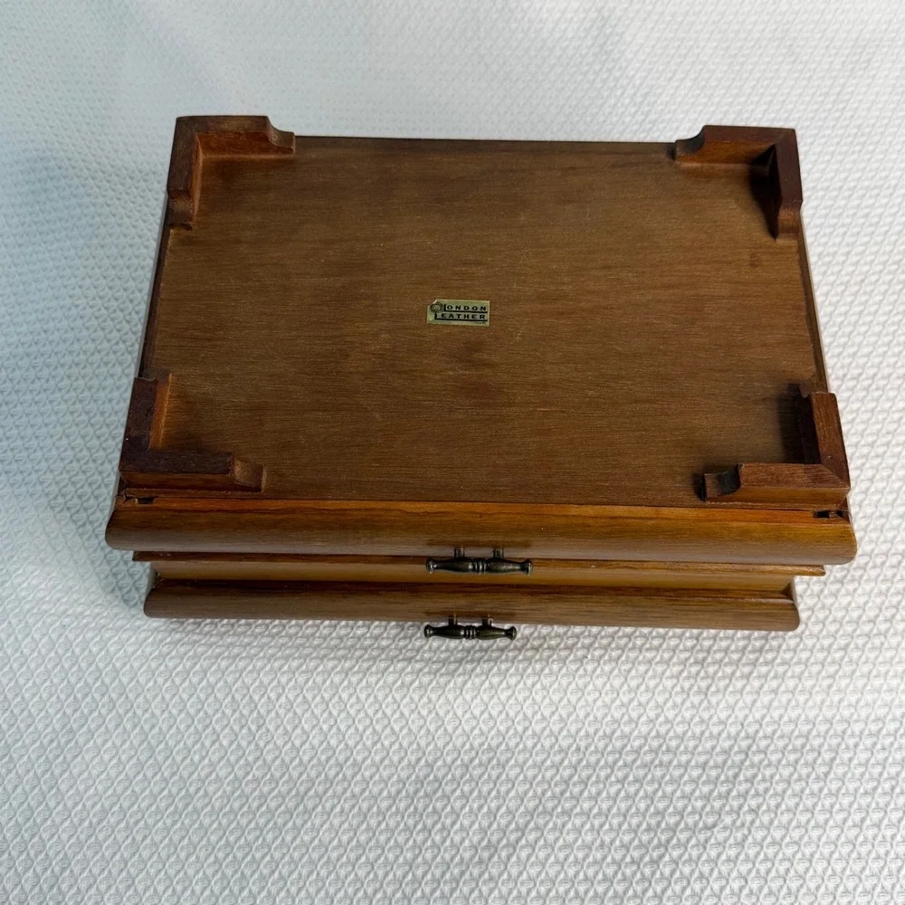 London Leather VTG Wooden Musical Jewelry Box Mirror Drawer Mid-Century WORKS